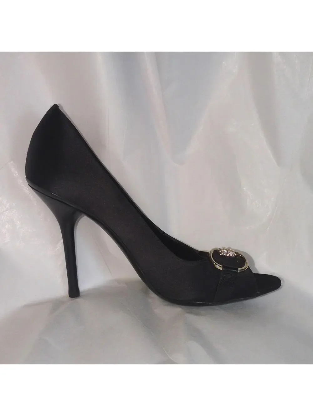 Vintage Gucci Black Rhinestone Buckle Peep Toe Stiletto Satin Pumps 36.5 C/US 7